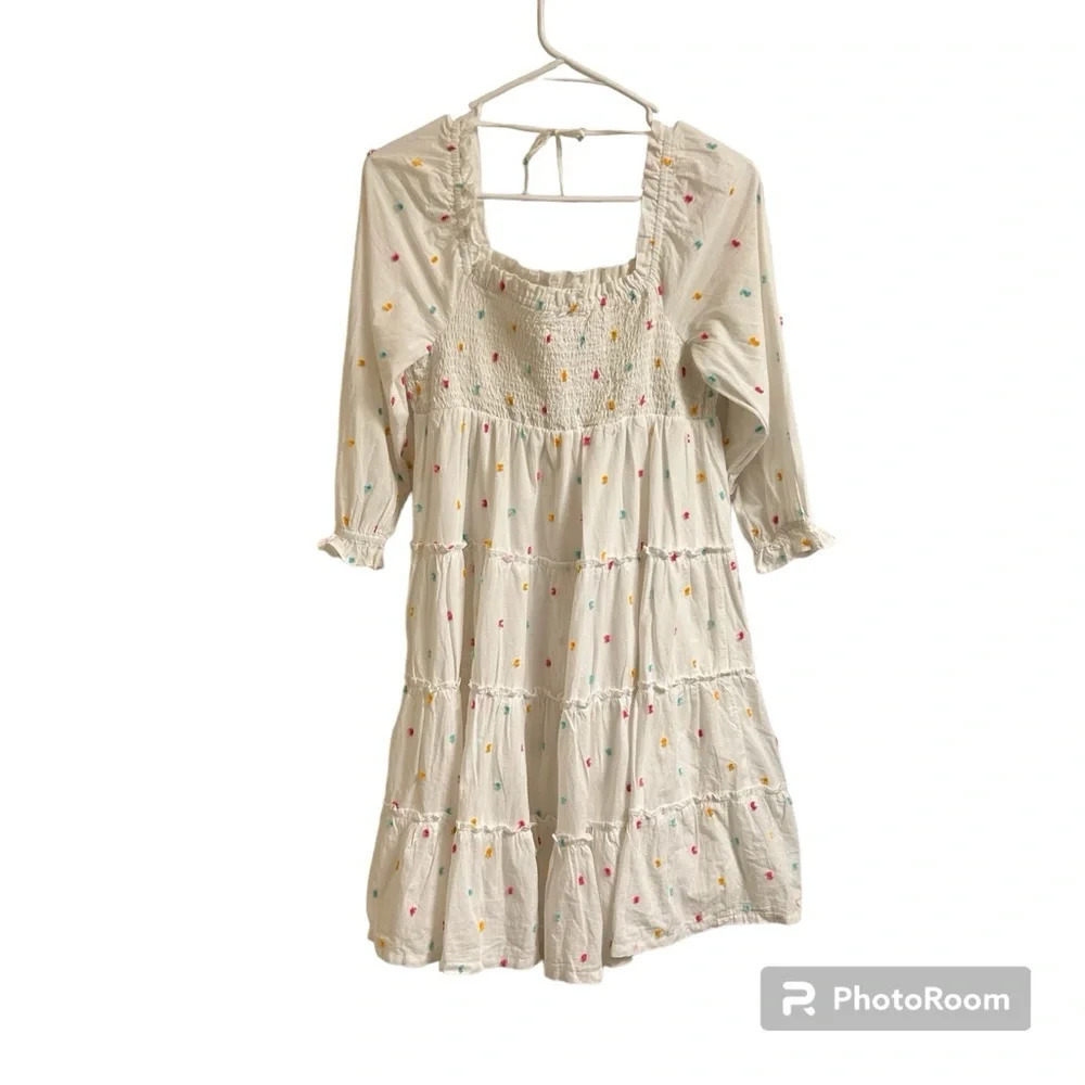 Crown And Ivy Girls Size XL Smocked Tiered Dress White & Multicolored Tassel Pom